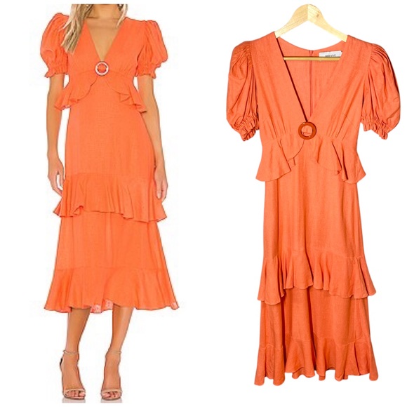 Iorane Orange Tiered Ruffle Linen Midi Dress V-Neck Linen Blend 36/XS - Picture 1 of 10